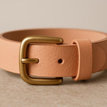 Peach Veil tonunda pirinç tokalı kemer, dokulu zemin üzerinde