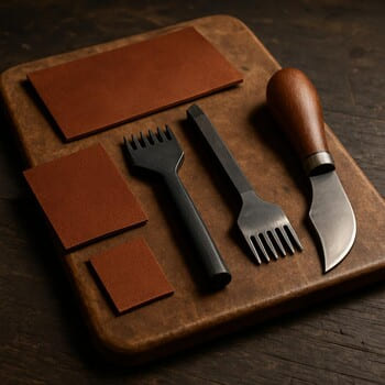 Kesim tahtasında kalıp bıçakları ve deri parçaları