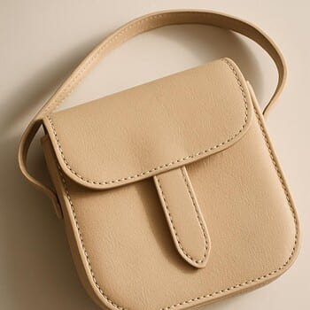 Oatmilk tonlarında omuz çantası, yumuşak ışıkta üstten görünüm