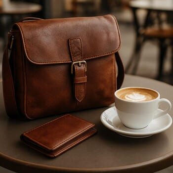 Kahve masasında açık ton Pouchlab çanta