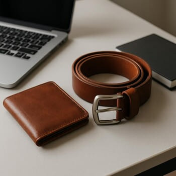 Masa üstünde cüzdan ve kemer düzeneği