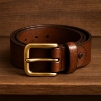 Ahşap zemin üzerinde pirinç tokalı kemer