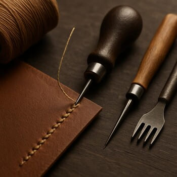 Atölye tezgâhında balmumlu iplikle elde dikiş, yakın plan